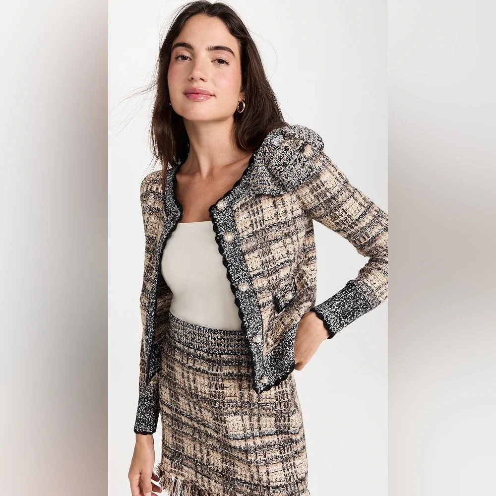 Loveshackfancy Chantria Tweed Boucle cropped cardigan with Black and gold - Picture 1 of 10